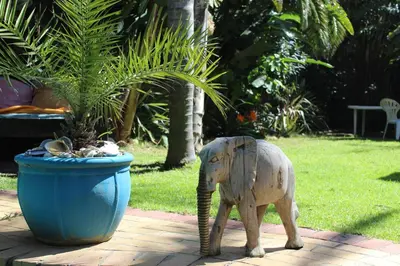 a small elephant standing next to a blue pot at Elements Cape Town in Table View