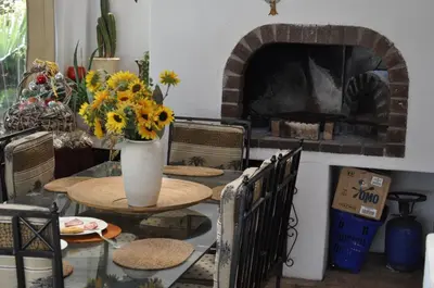 a vase of sunflowers on a table with a fireplace at Pelican Place Guest Cottages in Durbanville