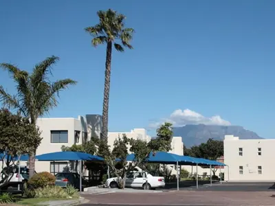 a palm tree in a parking lot with mountains in the background at Amies Self-Catering Apartments in Panorama