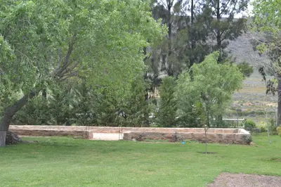 a stone retaining wall in a park with trees at Kuruma Farm Cottages in Worcester