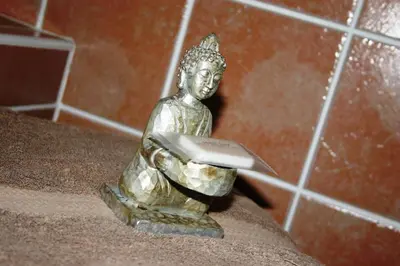 a statue of a woman with a laptop on a counter at Brown Jug Guest House in Hermanus