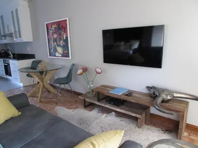 a living room with a couch and a tv on a wall at Live Like a Local: Studio 29 @ 25 Market street in Stellenbosch