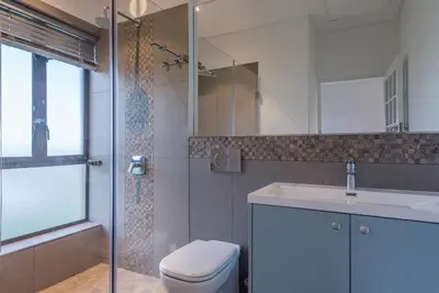 a bathroom with a toilet and a sink and a shower at Modern spacious home in heart of Cape Winelands in Somerset West
