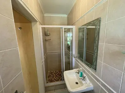 a bathroom with a sink and a shower at Lemon Tree Cottage in Edgemead