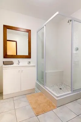 a bathroom with a shower and a sink and a mirror at Pacem cottage in Hermanus