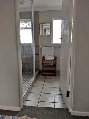 a bathroom with a walk in shower and a mirror at On Cloud 9 in Hermanus