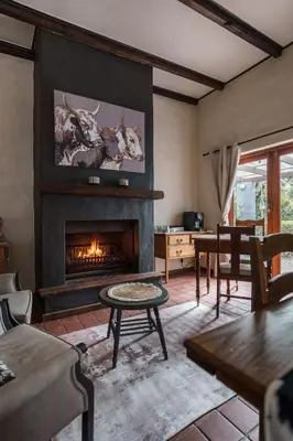 a living room with a fireplace with a picture of bulls at Be My Guest Lodge in Bloubergstrand