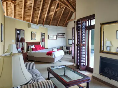 a living room with a bed and a fireplace at Ridgemor Villa in Somerset West
