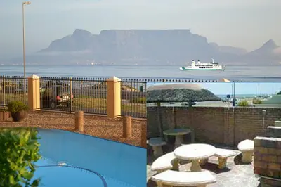 two pictures of a pool and a boat in the water at Zeezicht 303 in Bloubergstrand