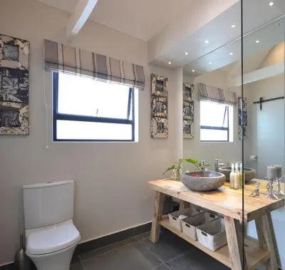 a bathroom with a sink and a toilet and a counter at SAFFRON COTTAGE in Hermanus