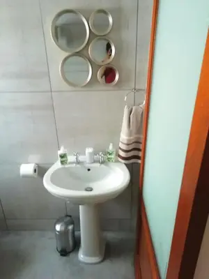 a bathroom with a white sink and a mirror at De Hoop Farm - Mountain View in Breerivier