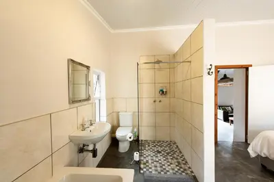 a white bathroom with a sink and a toilet at Treyntjes Rivier Cottages in Caledon