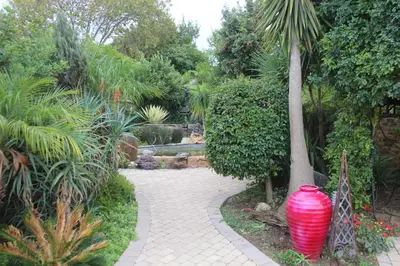 a garden with a red vase next to a tree at Alyssa's Inn Boutique Guesthouse in Cape Town