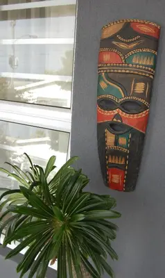 a mask hanging on a wall next to a plant at Tranquility in Parow