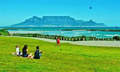 a group of people sitting in a field looking at the ocean at Flamingo Palms in Table View