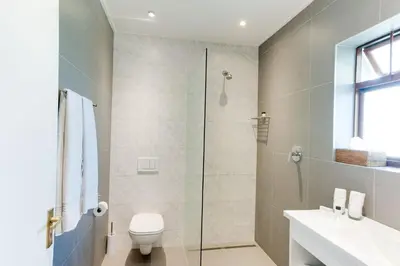 a bathroom with a shower and a toilet and a sink at Albourne Guesthouse in Somerset West