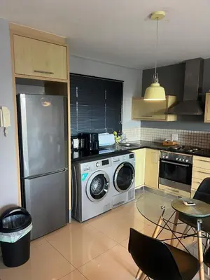 a kitchen with a refrigerator and a washing machine at Home relaxation in the city in Cape Town