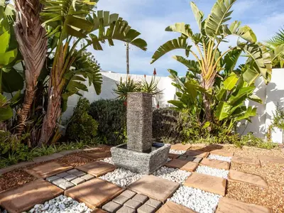 a garden with a stone pathway with trees and plants at Cosimi Guest House in Durbanville