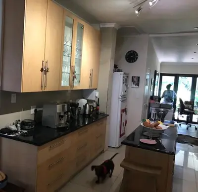 a kitchen with a dog standing next to a counter at At 27 on Derby in Cape Town