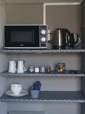 a microwave sitting on a shelf in a kitchen at Koraalboom Guesthouse in Wolseley