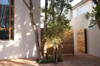 two trees in front of a white house at Culemborg Cottage in Cape Town