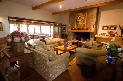 a living room with couches and a fireplace at Rouxwil Country House in Caledon