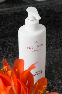 a bottle of aloe spray next to a red flower at Maroela House Guest Accommodation in Bellville