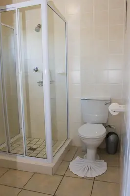 a bathroom with a shower and a toilet at Helderzicht Self-Catering in Brackenfell