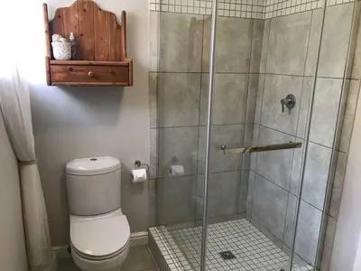 a bathroom with a toilet and a glass shower at Protea Suite in Cape Town