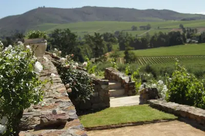 a garden with a stone wall and flowers at Casa Mori House in Stellenbosch