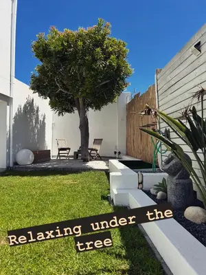 a yard with a white couch sitting under a tree at The Little Palm in Bloubergstrand