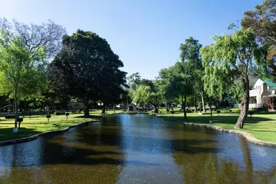 a river in a park with trees and grass at De Hollandsche Molen in Hou Moed