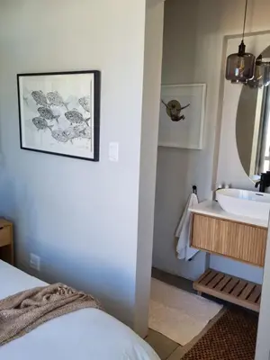 a bathroom with a sink and a toilet and a mirror at Potluck Cottage in Hermanus