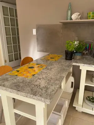 a kitchen with a table with a counter top at Flavours at 34 in Gordonʼs Bay