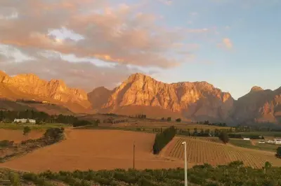 a view of a field with mountains in the background at Farm Stay Winelands in Paarl