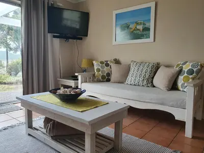 a living room with a couch and a tv at 57 Whale Rock Estate in Hermanus