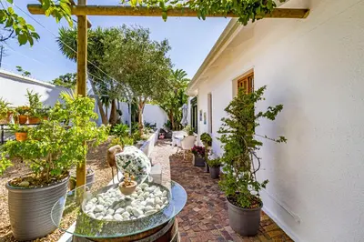 a patio with potted plants and a building at La Bonne Auberge in Somerset West