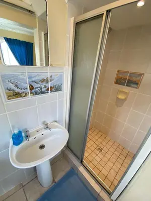 a bathroom with a sink and a shower at Hermanus 60 on Flat in Hermanus