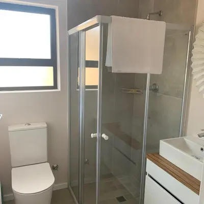 a bathroom with a shower and a toilet and a sink at Little Elm Cottage in Cape Town