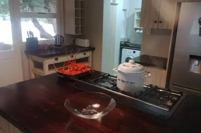 a kitchen with a stove with a pot on it at Angel's Place by the Sea in Hermanus