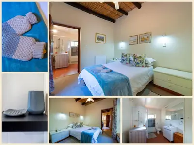 a collage of three pictures of a bedroom at GreyCot in Greyton