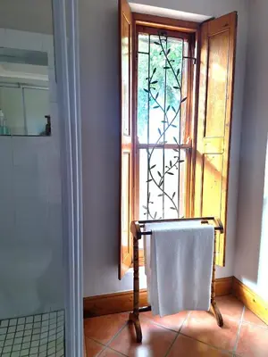 a bathroom with a shower and a window and a towel at La Rochelle in Wellington