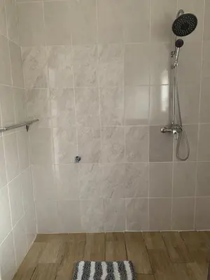 a bathroom with a shower and a rug on the floor at Le Grec Wine Tram Apartment #1 in Franschhoek