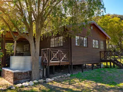 a wooden house with a tree in front of it at La Ferme Guest Farm - Hot Tubs in Franschhoek
