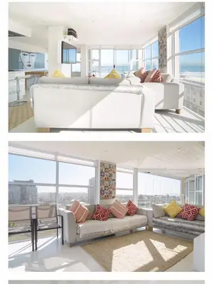 two pictures of a living room with a white couch at Designer Flat with scenic views in Cape Town