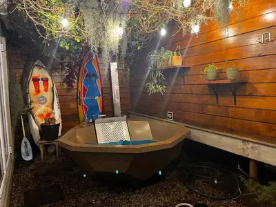 a bathroom with a bath tub and a surfboard at Modern Spacious Cottage with Hot Tub, Flora Studio in Hermanus