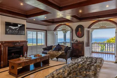 a living room with a couch and a fireplace at Grand Lux Boutique Manor in Hermanus