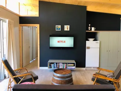 a living room with a television on a black wall at Palm and Pine Cottage in Cape Town