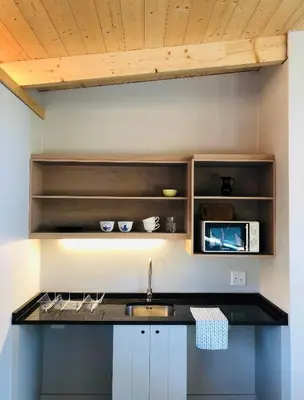 a kitchen with a sink and a microwave at Palm and Pine Cottage in Cape Town
