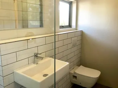 a bathroom with a sink and a toilet and a window at Palm and Pine Cottage in Cape Town